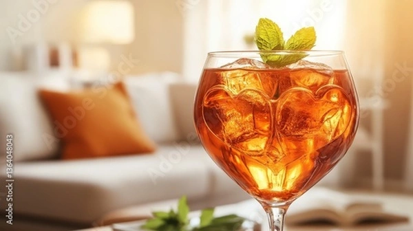 Obraz Haute couture Valentine's aperitif in gold-rimmed glass with fractal heart ice sculpture, staged on voice-activated coffee table with zero-gravity sofa bokeh, ultimate template for luxury perfume laun