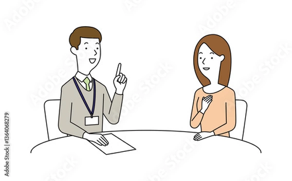 Obraz 男性の相談員にアドバイスを聞く女性