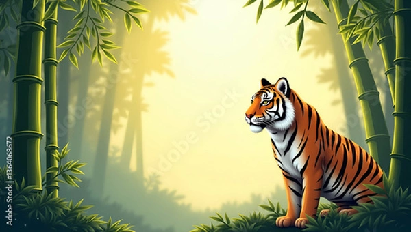 Fototapeta Stunning Tiger and Bamboo Border Frame with Copy Space for World Wildlife Day Themes - Perfect for Conservation Messages and Awareness Campaigns in Photo Stock