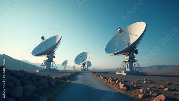 Obraz Radio Antenna and Satellite Dishes Border: Enhancing Global Reach and Connectivity with Space for Messages in Photo Stock Concept - Perfect for Visualizing Communication Technology