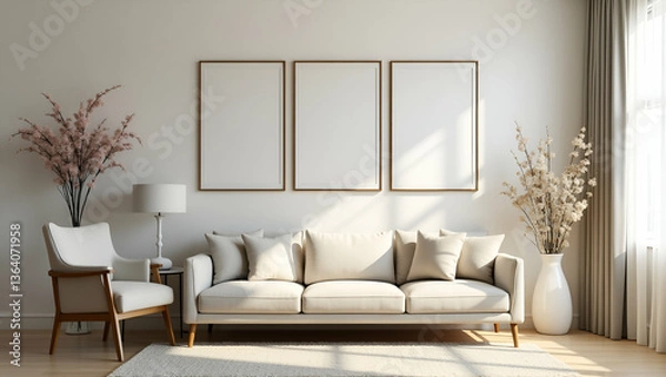 Fototapeta Flat The living room is decorated with chairs picture frames and flower vases creating a cozy and stylish home environment concept as A living room decorated with chairs picture frames and flower vase