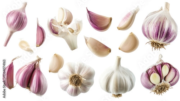 Fototapeta A vibrant arrangement of various garlic bulbs and cloves showcasing their distinct colors and textures, ideal for culinary use
