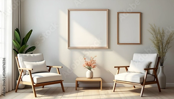 Fototapeta Flat The living room is decorated with chairs picture frames and flower vases creating a cozy and stylish home environment. concept as Living room decorated with chairs picture frames and flower vases