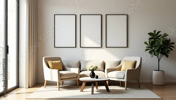 Fototapeta Stylish Living Room Decor: Cozy Chairs, Picture Frames, and Flower Vases for a Chic Home Environment - Simple Flat Vector Illustration for Smart Business Inspiration