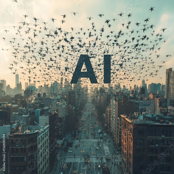 Fototapeta Innovative AI Aerial Cityscape: Modern Technology Meets Urban Environment in Futuristic Drone-Driven Metropolis