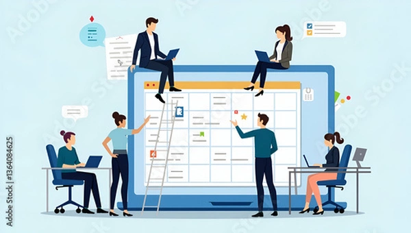 Fototapeta Boost Your Business Productivity: Flat Vector Illustration of a Team Collaborating on Digital Calendar Planning - Perfect for Stock Photo Concepts with Space for Customization