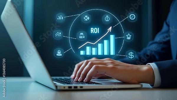 Fototapeta Analyzing ROI: Hand Typing on Laptop with Holographic Financial Strategy Icons in Empty Space