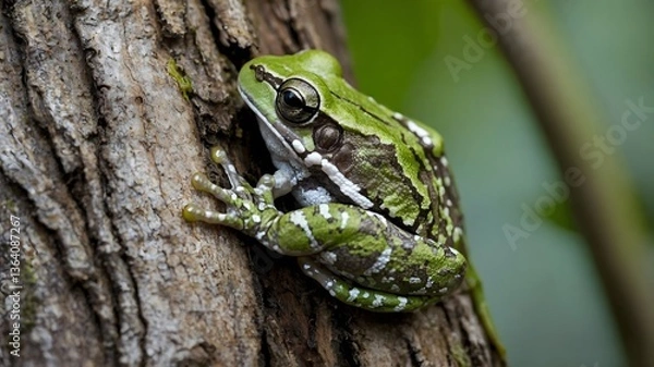 Fototapeta Cope's Gray Treefrog Camouflaged on Tree Bark, Blending with Nature