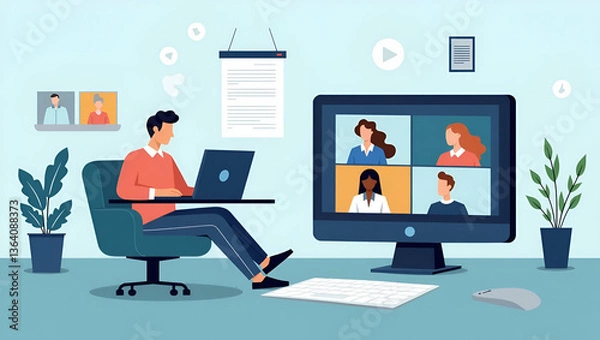 Fototapeta Smart Working: Flat Vector Illustration of Business Team Collaborating via Online Video Conference Anywhere with Wireless Internet Technology for Enhanced Productivity
