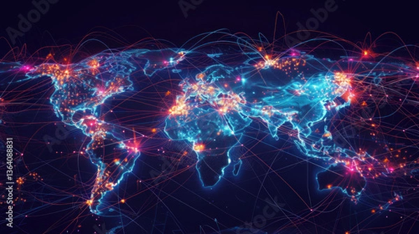 Fototapeta Global cyber threat map showcasing hacking activity and data flow