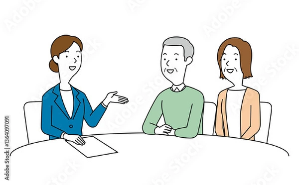 Obraz 女性の相談員にアドバイスを聞く高齢の男女