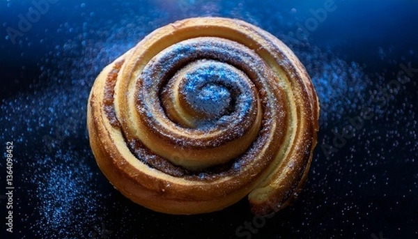 Obraz Cinnamon Roll Delight: A macro shot showcases a delicious cinnamon roll, spiraling with perfection, with dusting of powder. a feast for the eyes and a promise of sweet moments.