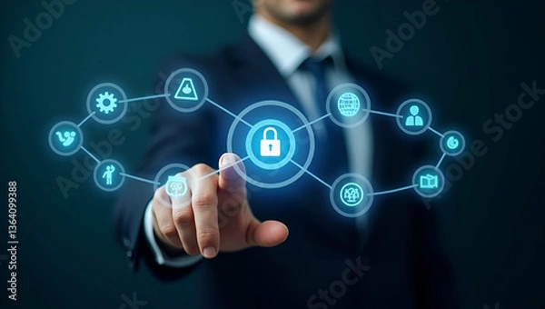 Fototapeta Hand Reviewing Holographic Business Audit Device: Analyzing Compliance Target Data with Icons in Empty Space - Innovative Concept for Business Audit and Compliance Solutions