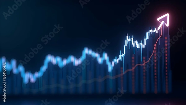 Obraz Financial Graph with Uptrend Candlestick Chart on Neon Widescreen Background - Stock Market Trends