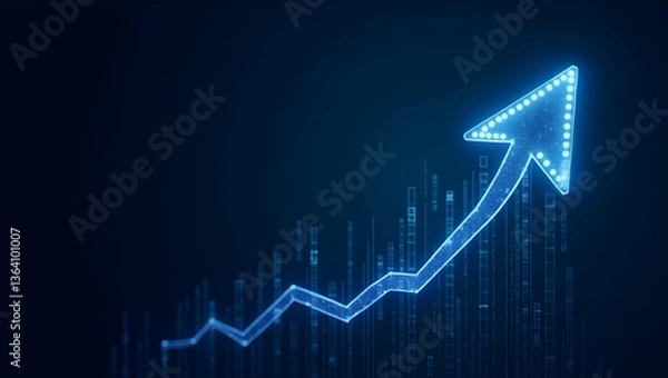 Fototapeta Flat Business arrow pointing up showing growth line with circuit technology on dark blue background symbolizing investment success financial data graph strategy market chart profit money in vector ill