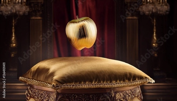 Obraz Golden Apple Displayed: A magnificent golden apple levitates gracefully above a luxurious gold pillow, against a backdrop of opulent velvet curtains and ornate architectural elements.