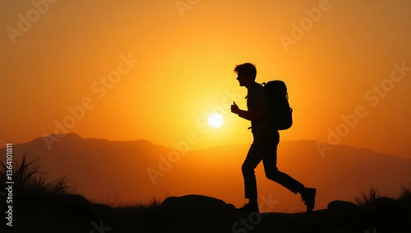 Fototapeta Silhouette of Young Backpacker Walking at Sunset: Adventure Travel Exploration in Scenic Environment with Empty Space for Photo Stock Concept