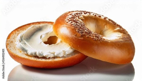 Obraz Bagel Delight: A close-up of a fresh, sesame seed-topped bagel, sliced and generously spread with creamy, smooth cream cheese, showcasing a delicious and satisfying breakfast or snack.