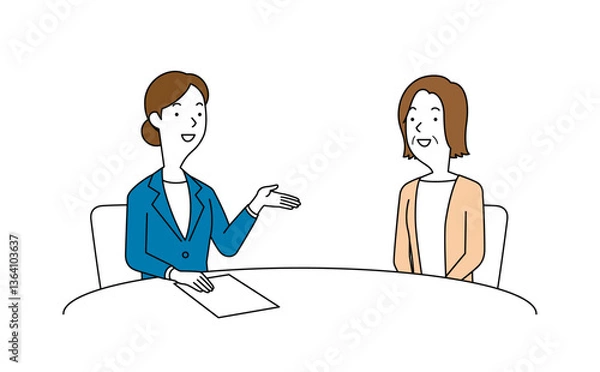 Obraz 女性の相談員にアドバイスを聞く高齢の女性