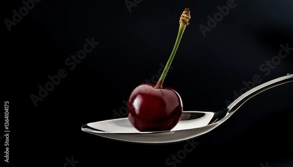 Obraz Single Cherry on Spoon: A glistening, ripe cherry rests delicately on a silver spoon against a dramatic dark background. The image is a study in simplicity and contrasts.