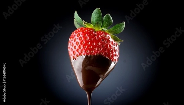 Obraz Sweet Decadence: A single, ripe strawberry, partially dipped in a luscious, dark chocolate, exemplifies a perfect dessert treat, photographed against a gradient background.