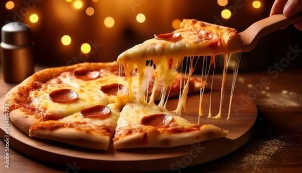 Obraz Pizza Slice with Melted Cheese: A freshly baked pizza with gooey cheese and pepperoni is sliced and lifted, revealing the melted cheese stretching in a delightful, cheesy string.