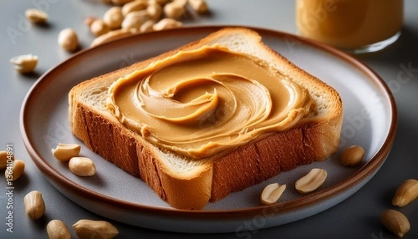 Obraz Peanut Butter Bliss: A single slice of toasted bread is generously adorned with swirls of creamy peanut butter, accompanied by scattered peanuts.