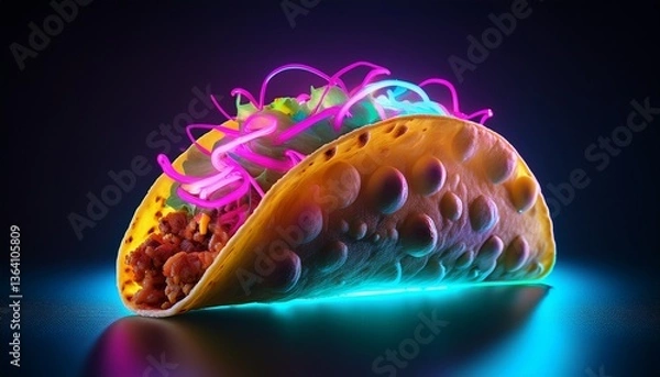 Fototapeta Neon Fiesta Taco: Vibrant, neon-lit taco with colorful ingredients, capturing the essence of culinary fusion and visual delight.