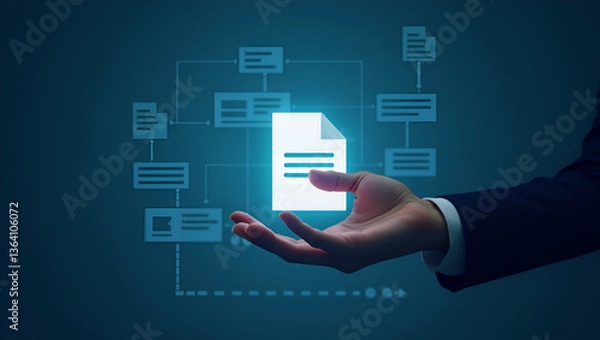 Fototapeta Flat Hand Touching Document Icon: Online Document Management & Digital File Storage Solutions
