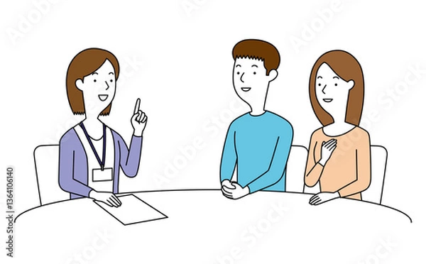 Obraz 女性の相談員にアドバイスを聞く男女