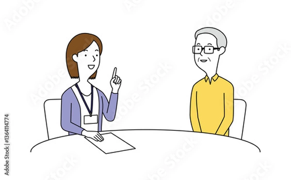 Obraz 女性の相談員にアドバイスを聞く高齢の男性