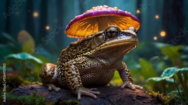 Fototapeta Whimsical Cane Toad Resting on a Colorful Mushroom in a Magical Forest