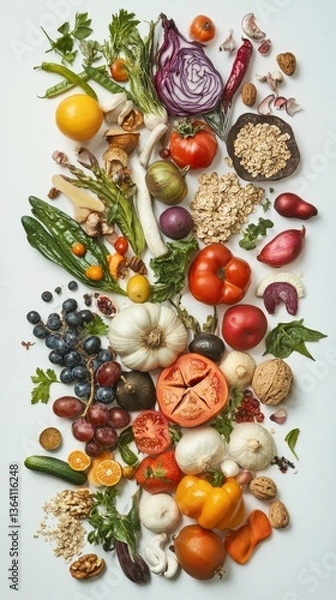 Fototapeta A vibrant assortment of fresh vegetables and fruits, including ripe tomatoes, crisp cucumbers, bright bell peppers, and juicy oranges, artfully arranged on a clean white surface.