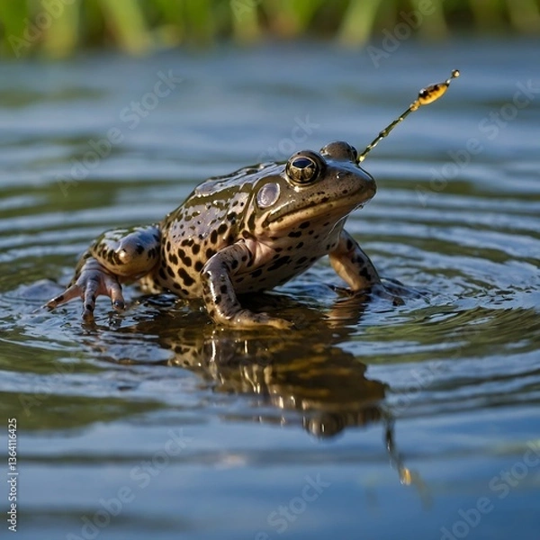 Fototapeta African Clawed Frog Snapping at Insect in Mid-Air with Poised Webbed Feet