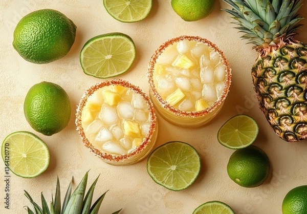 Fototapeta Refreshing tropical cocktails with pineapple and lime slices arranged on a sandy backdrop, perfect for summer parties and sunny gatherings