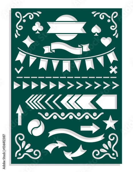 Fototapeta Laser cut template for planner notebook or journal dairy stencil. Arrows, dividing lines, flags, openwork corners, symbols for fields notes. Vector illustration.