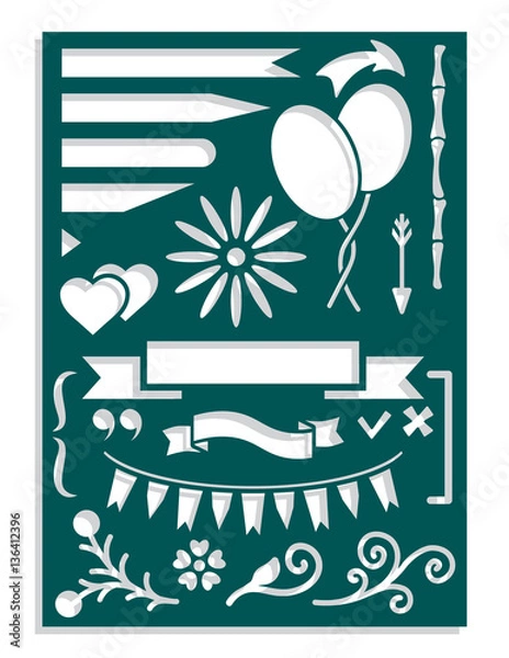 Fototapeta Laser cut template for planner notebook or journal dairy stencil. Arrows, flags, hearts, flowers, baloons, symbols for fields notes. Vector illustration.