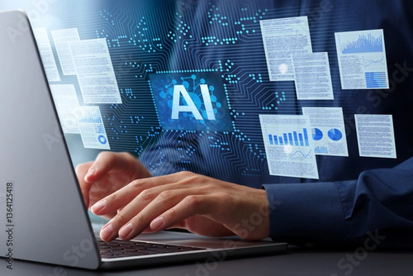 Fototapeta AI generating reports and documents. Generative artificial intelligence analyzing text and data. Businessman typing on laptop computer keyboard at desk in office.