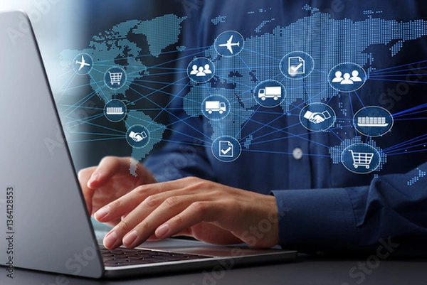 Fototapeta Cross-border and international business strategy. Digital globalization and international trade. Businessman using laptop computer to manage global business.