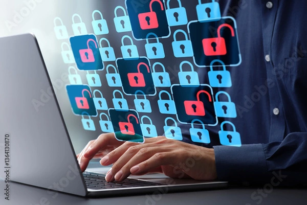 Fototapeta Security vulnerability and network monitoring. Penetration testing for vulnerability and data protection. Security audit using laptop computer to assess system security.