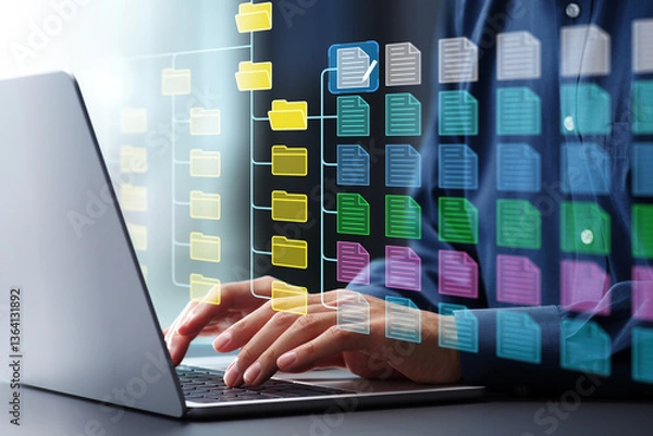 Fototapeta Document management system DMS and version control.Folder structure and classification system. File and folder icons. Businessman using laptop computer.
