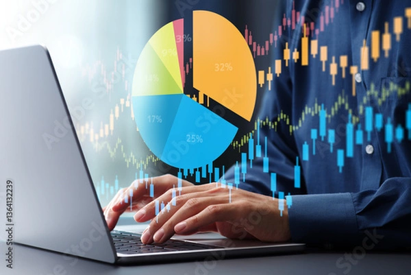 Fototapeta Investment portfolio diversification strategy. Risk management and asset allocation. Investor using laptop computer to manage stock investments.