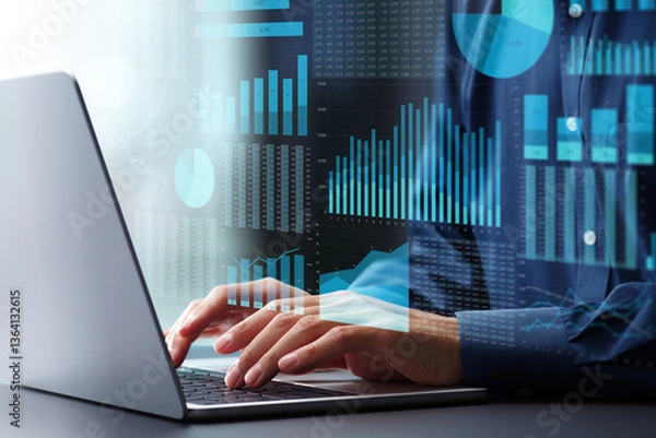 Fototapeta Business management analysis using spreadsheet software. Financial graphs and table calculations. Businessman using laptop computer to analyze business conditions.