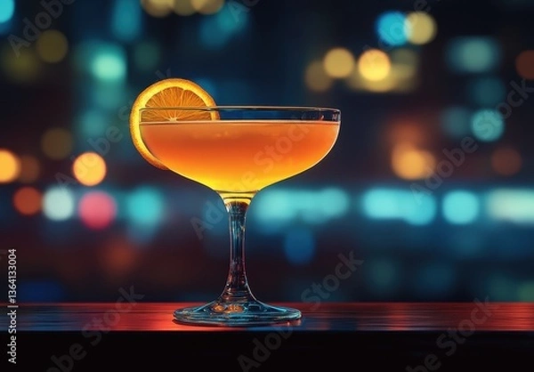 Fototapeta Vibrant Cocktail with Citrus Slice in Elegant Glass on a Bar with Colorful Bokeh Background Ideal for Party or Celebration Themes