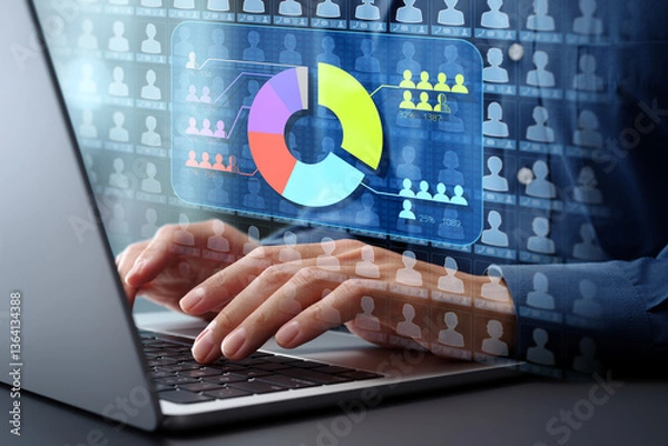 Fototapeta Customer segmentation and group analytics. Statistical marketing strategy and analysis of customer behavior data. Circle graph and customer database icons. Analyst using laptop computer.