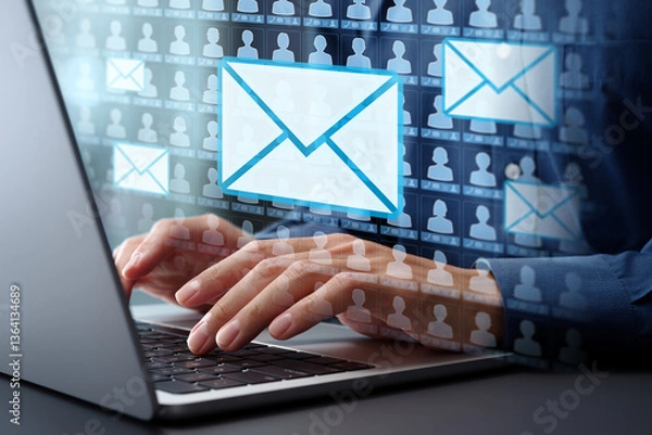 Fototapeta Email marketing automation technology and customer database. Businessman typing on laptop computer keyboard at desk in office.