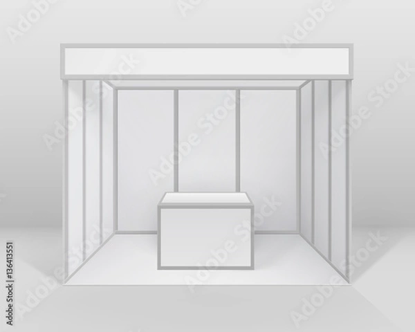 Fototapeta Vector White Blank Indoor Trade exhibition Booth Standard Stand for Presentation with Counter Isolated on Background