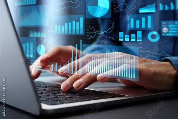 Fototapeta Data analytics and graphs. Analysis of statistical business marketing data. Data scientist using laptop computer to analyze data.