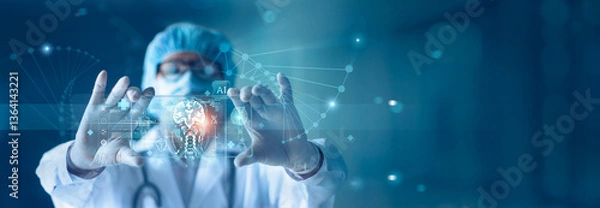 Fototapeta Medical technology, Doctor use AI for diagnosis of brain, care and increasing accuracy patient treatment in future. Medical research and development innovation technology to improve patient health.