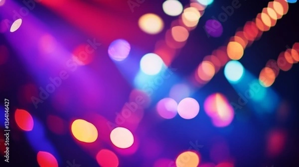 Fototapeta Vibrant concert stage with colorful lights and abstract bokeh, capturing the essence of dynamic energy and atmosphere.

